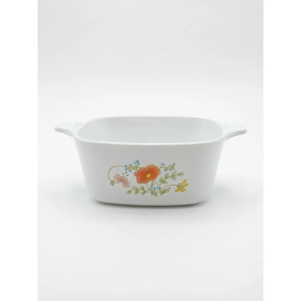Vintage White Ceramic Mini Casserole Dish Orange Poppy Blue Floral Butterfly